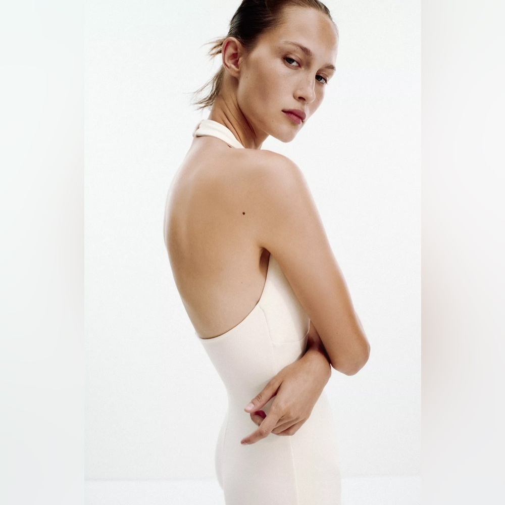 Zara NWT Interlock Flare Cotton Blend Sweetheart Neckline Halter Jumpsuit- Small - Picture 10 of 16
